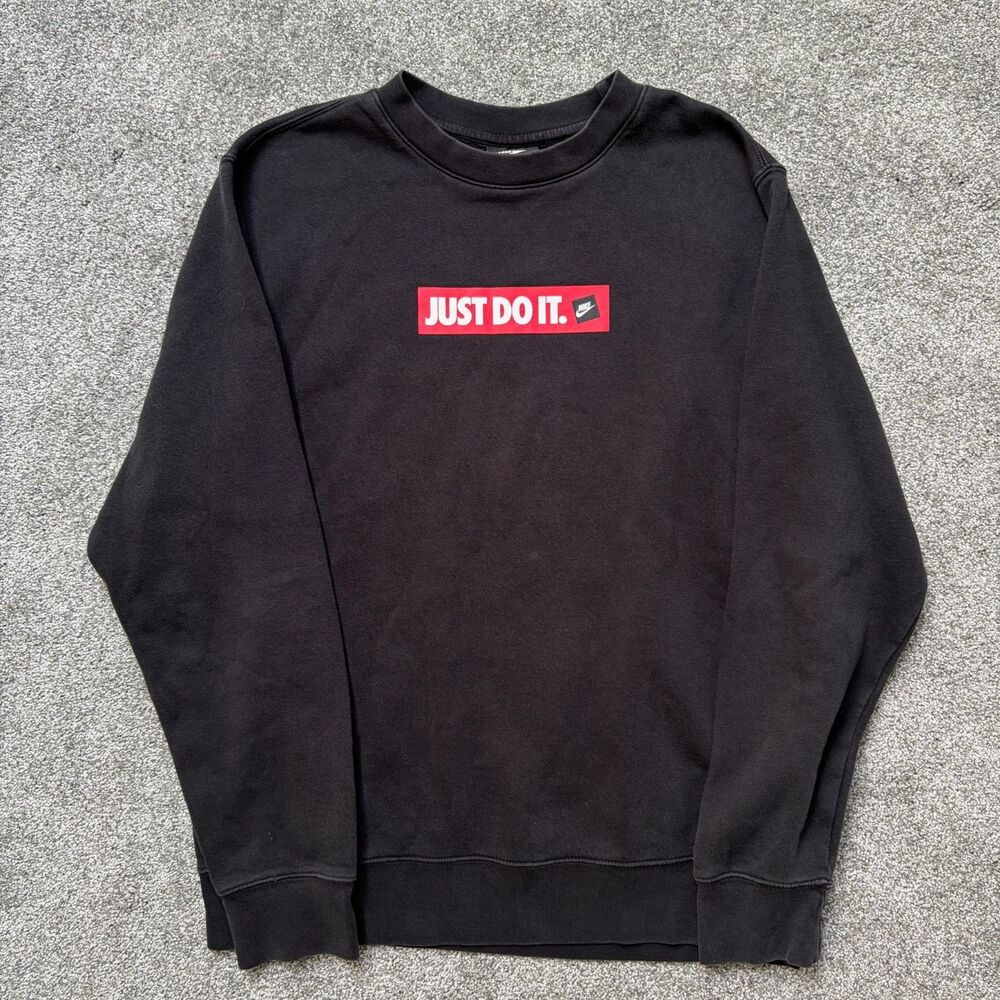 Nike Just Do It Box Logo Crewneck Sweatshirt Mens Medium Black Fleece Pullover